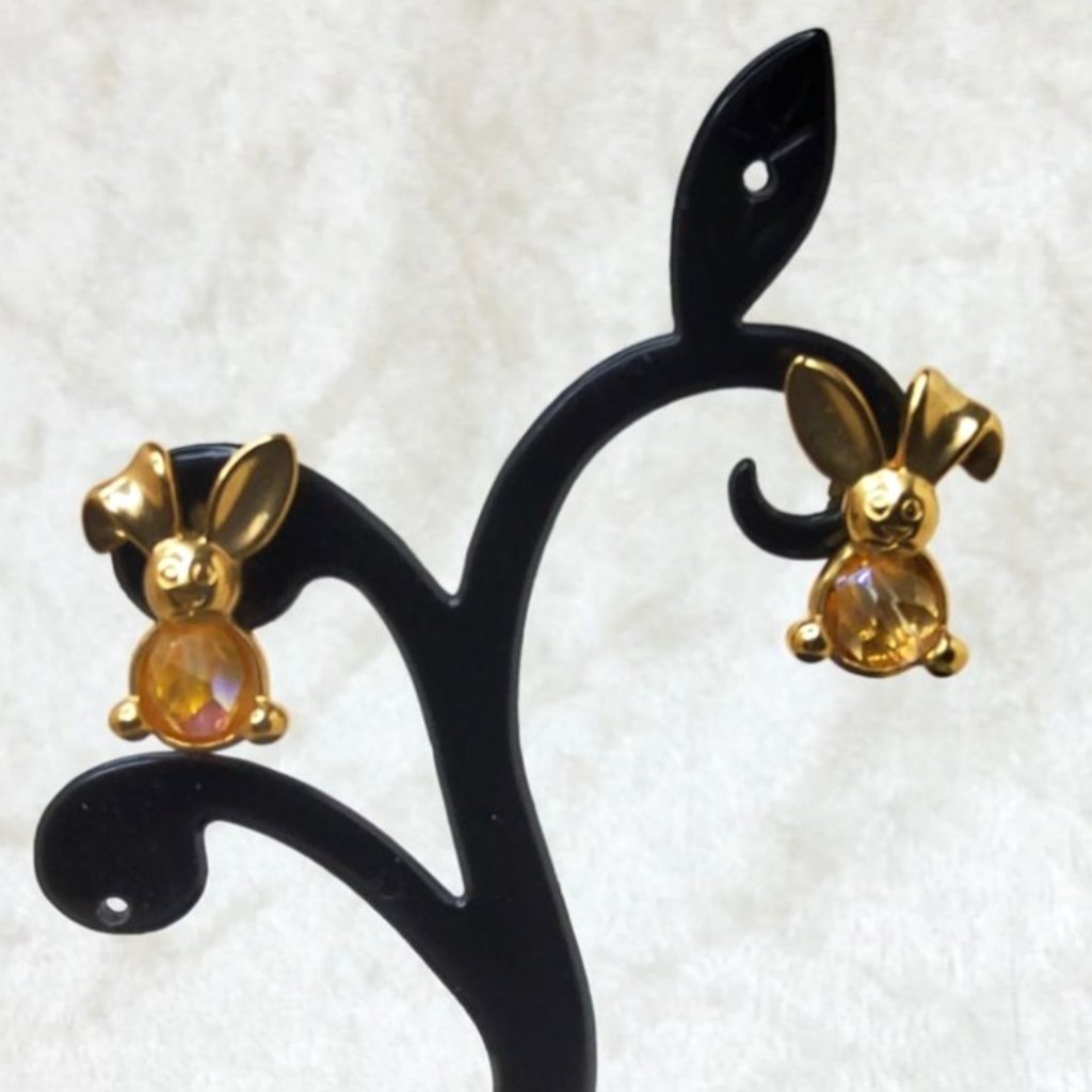 Vintage Gold Tone Rabbit Earrings With Amber-Colored Gemstone Accents